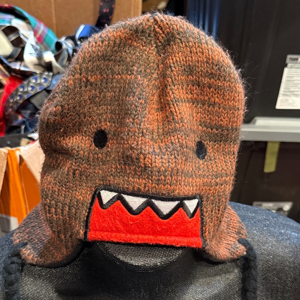 Y2K Domo Face Knit Earflap Beanie - Brown & Red